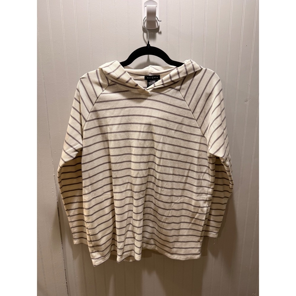 Max & Mia Striped Thermal Hoodie Waffle Knit Raglan Sleeve Cream‎ Brown Large